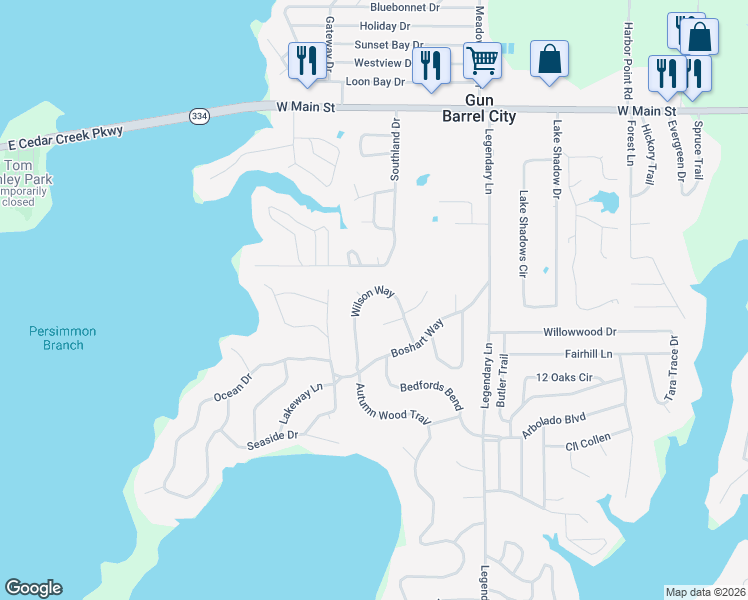 map of restaurants, bars, coffee shops, grocery stores, and more near 104 Owens Circle in Gun Barrel City