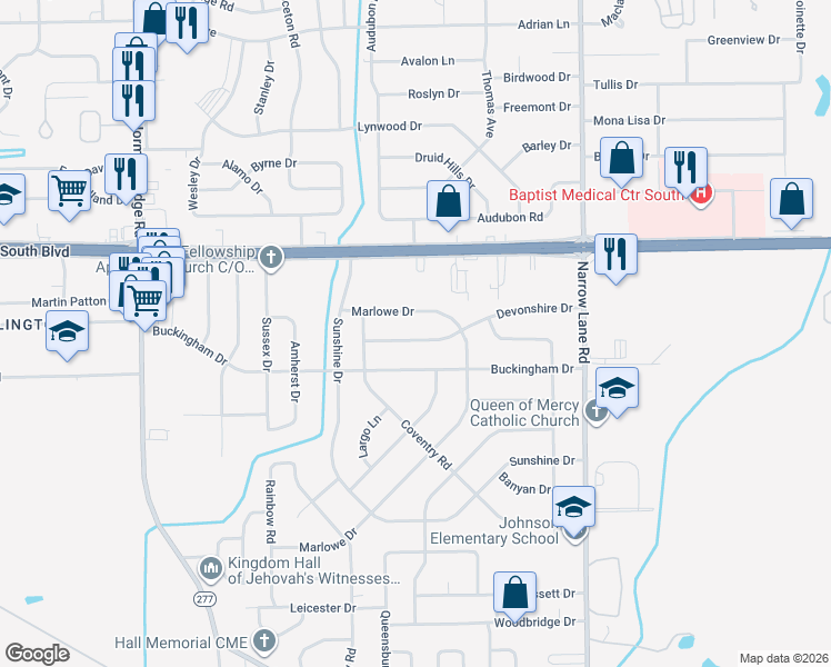 map of restaurants, bars, coffee shops, grocery stores, and more near 1126 Devonshire Drive in Montgomery