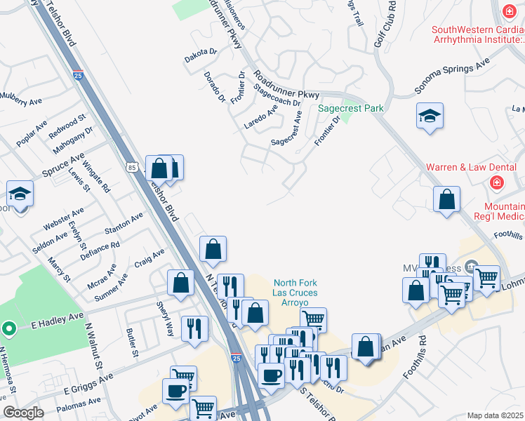 map of restaurants, bars, coffee shops, grocery stores, and more near 3800 Yellowstone Drive in Las Cruces