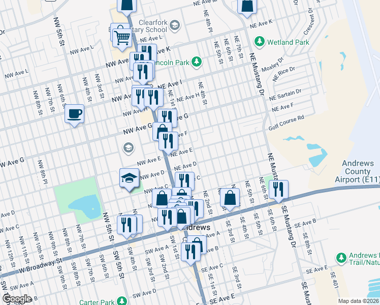 map of restaurants, bars, coffee shops, grocery stores, and more near 503 NE 2nd St in Andrews
