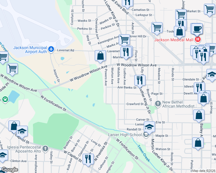 map of restaurants, bars, coffee shops, grocery stores, and more near 2153 Powers Avenue in Jackson