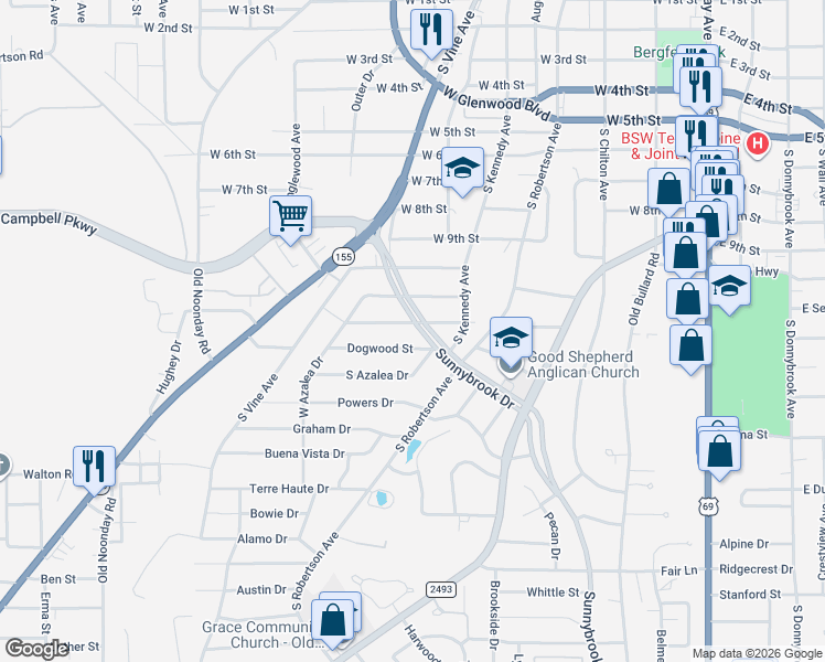 map of restaurants, bars, coffee shops, grocery stores, and more near 2409 Sunnybrook Drive in Tyler