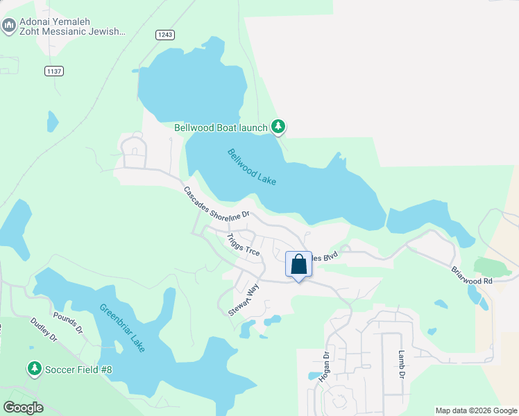 map of restaurants, bars, coffee shops, grocery stores, and more near 4483 Cascades Shoreline Drive in Tyler