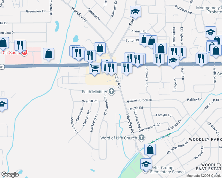 map of restaurants, bars, coffee shops, grocery stores, and more near 2522 Elsmeade Drive in Montgomery