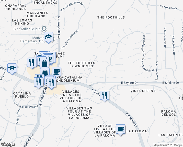 map of restaurants, bars, coffee shops, grocery stores, and more near 6440 N Foothills Dr in Tucson