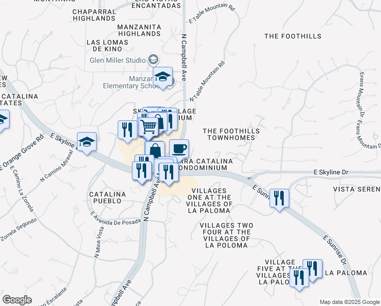 map of restaurants, bars, coffee shops, grocery stores, and more near 6445 North Tierra De Las Catalinas in Tucson