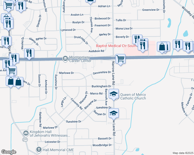 map of restaurants, bars, coffee shops, grocery stores, and more near 1336 Bancroft Ave in Montgomery