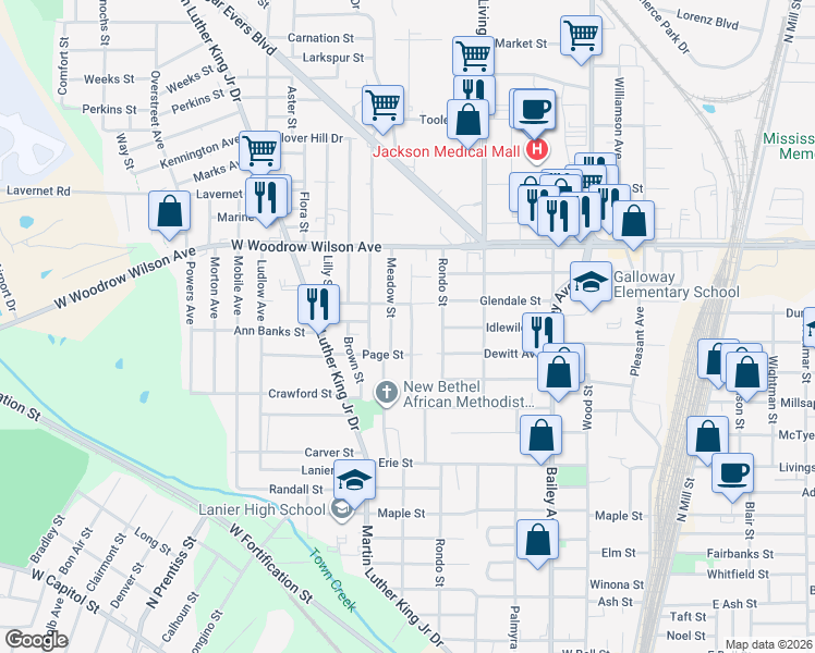 map of restaurants, bars, coffee shops, grocery stores, and more near 2410 Woodlawn Street in Jackson