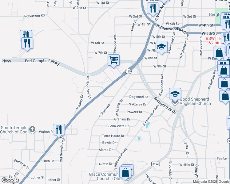 map of restaurants, bars, coffee shops, grocery stores, and more near 1420 Dogwood Street in Tyler