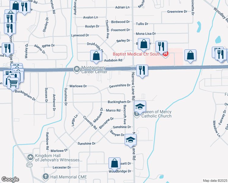 map of restaurants, bars, coffee shops, grocery stores, and more near 1336 Bancroft Ave in Montgomery