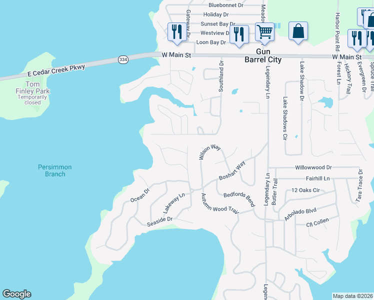 map of restaurants, bars, coffee shops, grocery stores, and more near 130 Wilson Way in Gun Barrel City