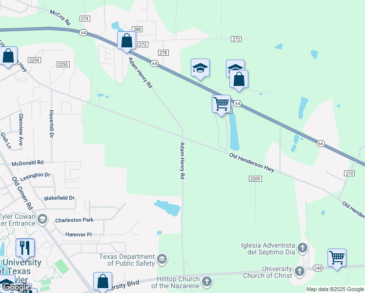 map of restaurants, bars, coffee shops, grocery stores, and more near Adam Henry Road in Tyler