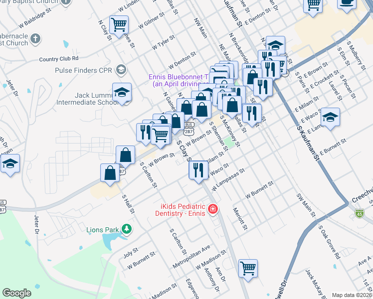 map of restaurants, bars, coffee shops, grocery stores, and more near 607 West Crockett Street in Ennis