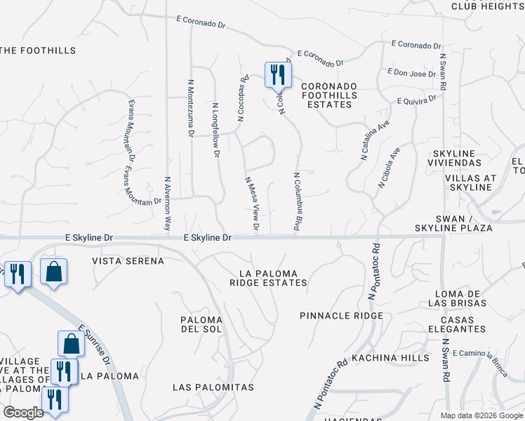 map of restaurants, bars, coffee shops, grocery stores, and more near 6440 North Mesa View Drive in Tucson