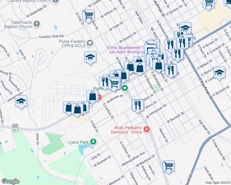 map of restaurants, bars, coffee shops, grocery stores, and more near 101 South Clay Street in Ennis