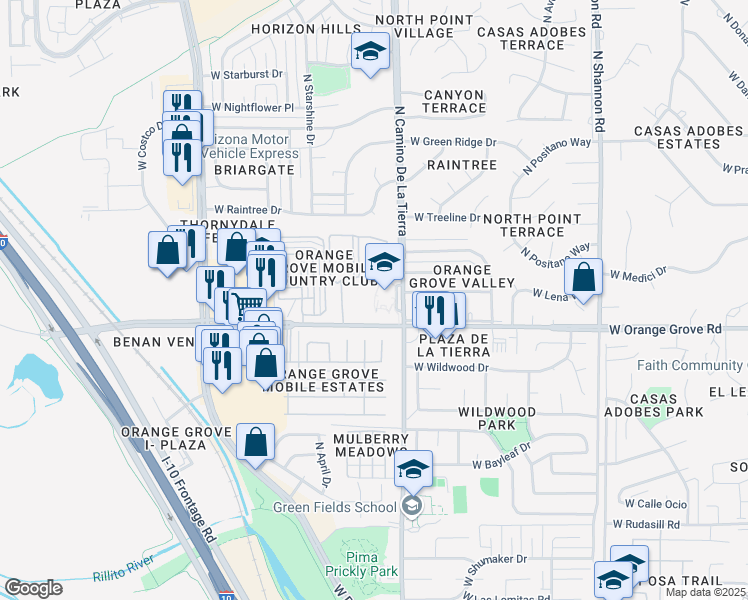 map of restaurants, bars, coffee shops, grocery stores, and more near 3400 West Orange Grove Road in Tucson