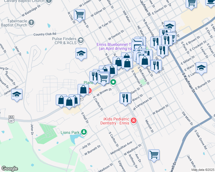 map of restaurants, bars, coffee shops, grocery stores, and more near 101 South Clay Street in Ennis