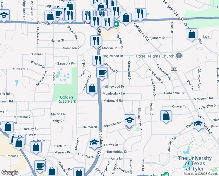 map of restaurants, bars, coffee shops, grocery stores, and more near 2729 Rollingwood Drive in Tyler