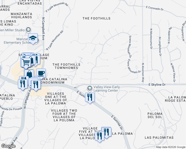 map of restaurants, bars, coffee shops, grocery stores, and more near 3478 East Guthrie Mountain Place in Tucson