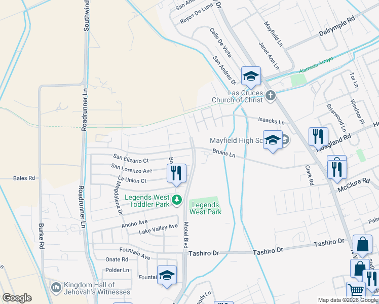 map of restaurants, bars, coffee shops, grocery stores, and more near 2800 Sandia Court in Las Cruces