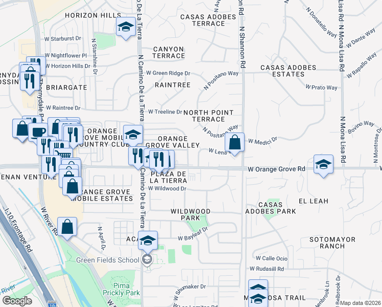 map of restaurants, bars, coffee shops, grocery stores, and more near 6401 North Lena Way in Tucson