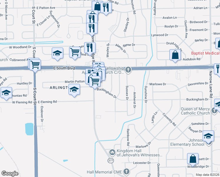 map of restaurants, bars, coffee shops, grocery stores, and more near 601-607 Buckingham Drive in Montgomery