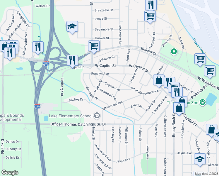 map of restaurants, bars, coffee shops, grocery stores, and more near 246 Redwood Avenue in Jackson