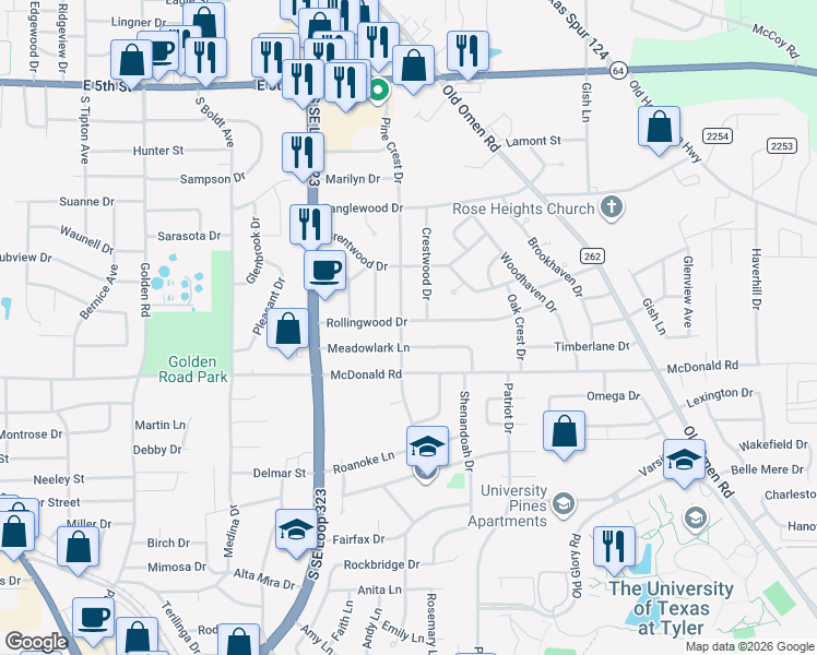 map of restaurants, bars, coffee shops, grocery stores, and more near 2909 Meadowlark Lane in Tyler
