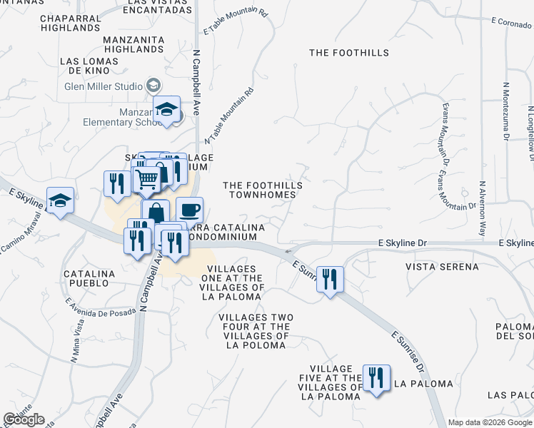 map of restaurants, bars, coffee shops, grocery stores, and more near 6439 North Foothills Drive in Tucson