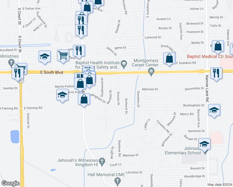 map of restaurants, bars, coffee shops, grocery stores, and more near 4250 Sussex Drive in Montgomery