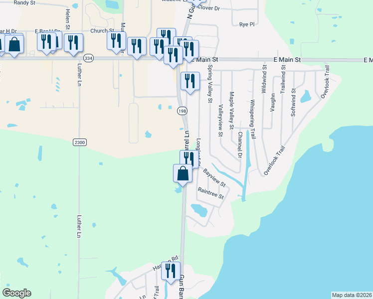 map of restaurants, bars, coffee shops, grocery stores, and more near 536 Gun Barrel Lane in Gun Barrel City