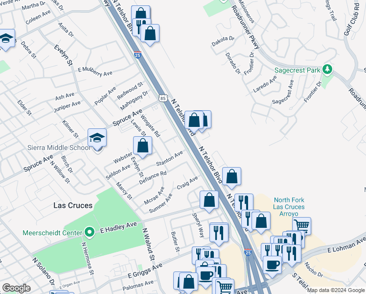 map of restaurants, bars, coffee shops, grocery stores, and more near 1158 Mcclane Court in Las Cruces