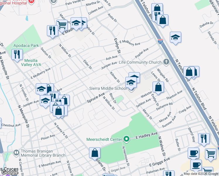 map of restaurants, bars, coffee shops, grocery stores, and more near 1612 Birch Court in Las Cruces