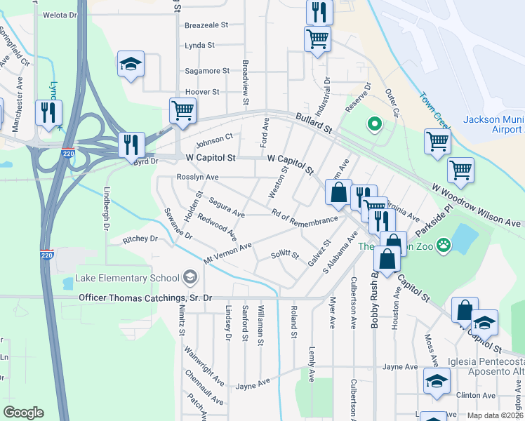 map of restaurants, bars, coffee shops, grocery stores, and more near 425 Road of Remembrance in Jackson