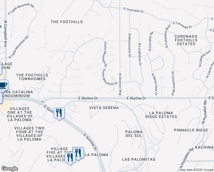 map of restaurants, bars, coffee shops, grocery stores, and more near 6529 North Burro Creek Place in Tucson