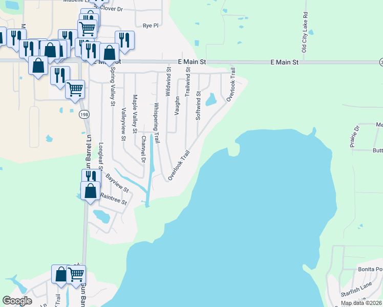map of restaurants, bars, coffee shops, grocery stores, and more near 308 Trailwind Street in Gun Barrel City