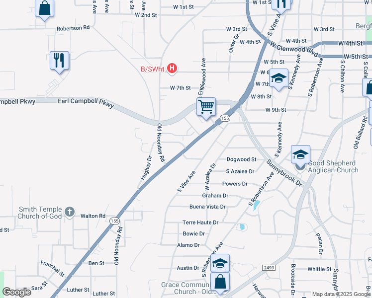 map of restaurants, bars, coffee shops, grocery stores, and more near 1601 Mosley Street in Tyler