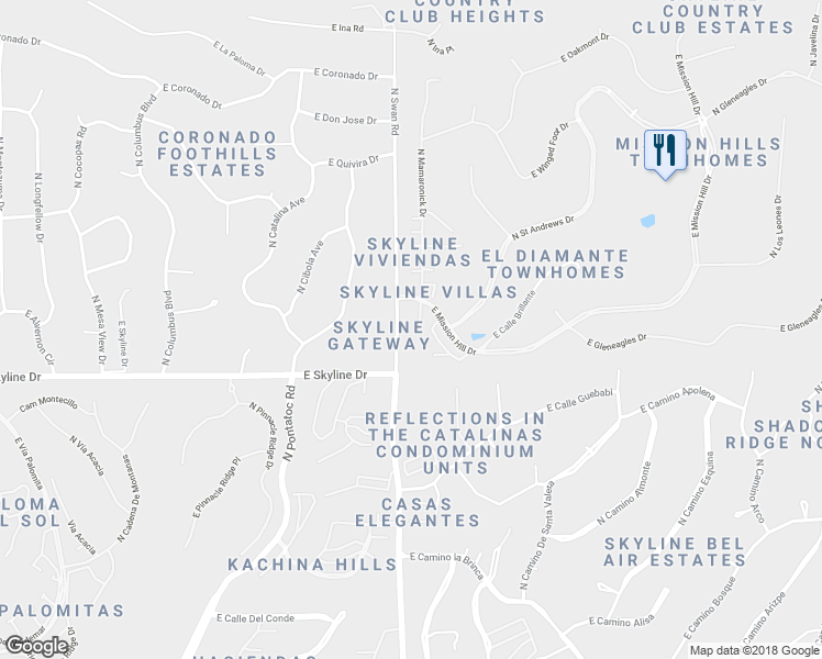 map of restaurants, bars, coffee shops, grocery stores, and more near 6473 North Green Briar Drive in Tucson