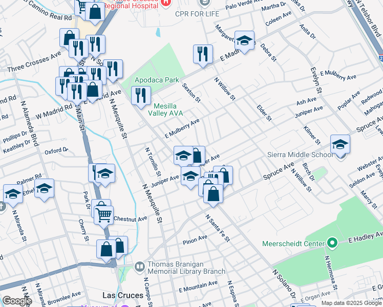 map of restaurants, bars, coffee shops, grocery stores, and more near 1605 Sacramento Street in Las Cruces