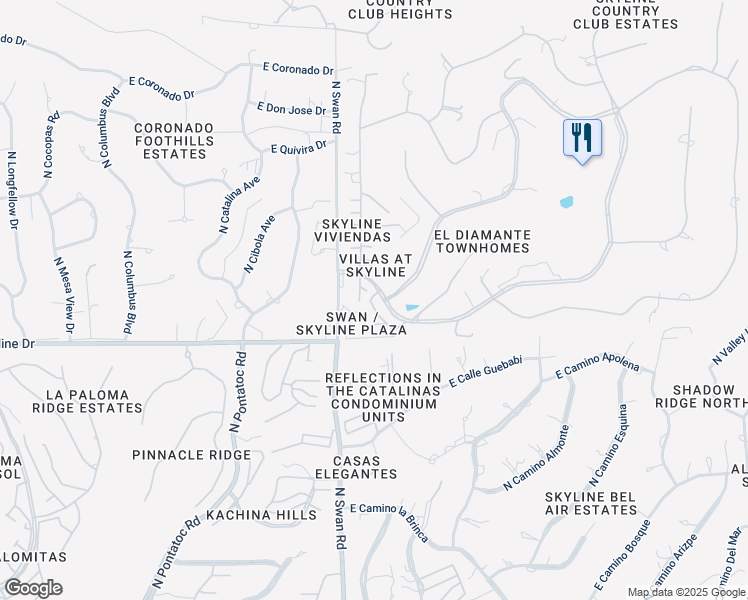 map of restaurants, bars, coffee shops, grocery stores, and more near 6513 North Green Briar Drive in Tucson