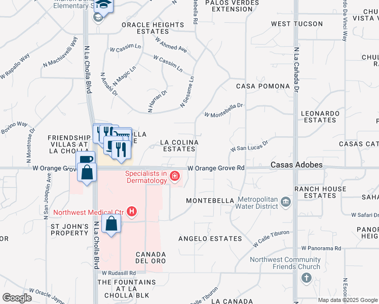 map of restaurants, bars, coffee shops, grocery stores, and more near 1840 West Vista Lejos in Tucson