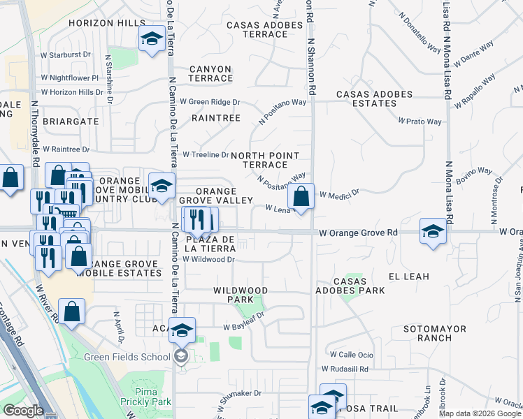 map of restaurants, bars, coffee shops, grocery stores, and more near 6575 North Positano Way in Tucson