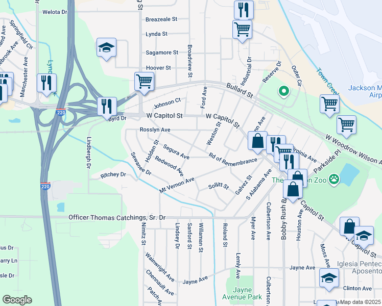 map of restaurants, bars, coffee shops, grocery stores, and more near 504 Road of Remembrance in Jackson