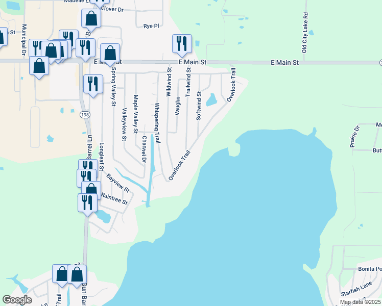 map of restaurants, bars, coffee shops, grocery stores, and more near 308 Trailwind Street in Gun Barrel City