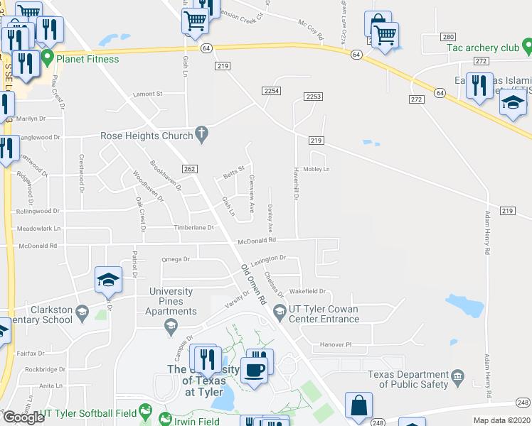 map of restaurants, bars, coffee shops, grocery stores, and more near 2317 Danley Avenue in Tyler