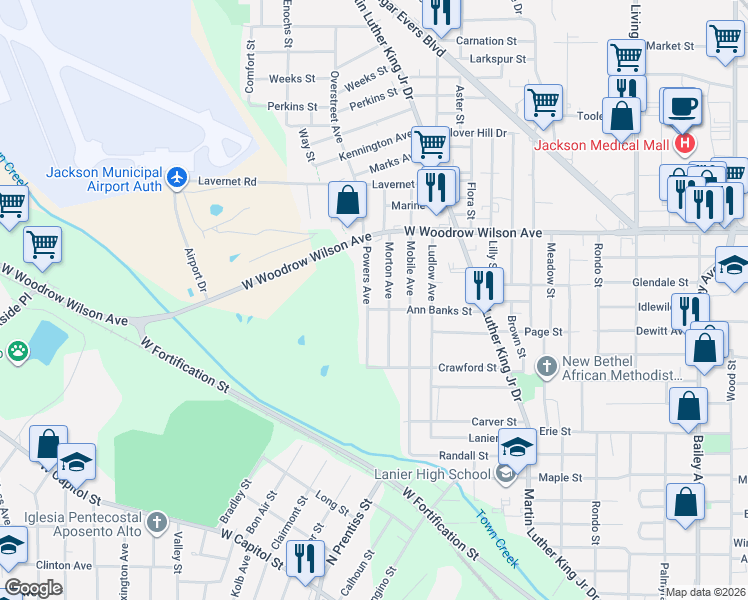 map of restaurants, bars, coffee shops, grocery stores, and more near 2235 Powers Avenue in Jackson
