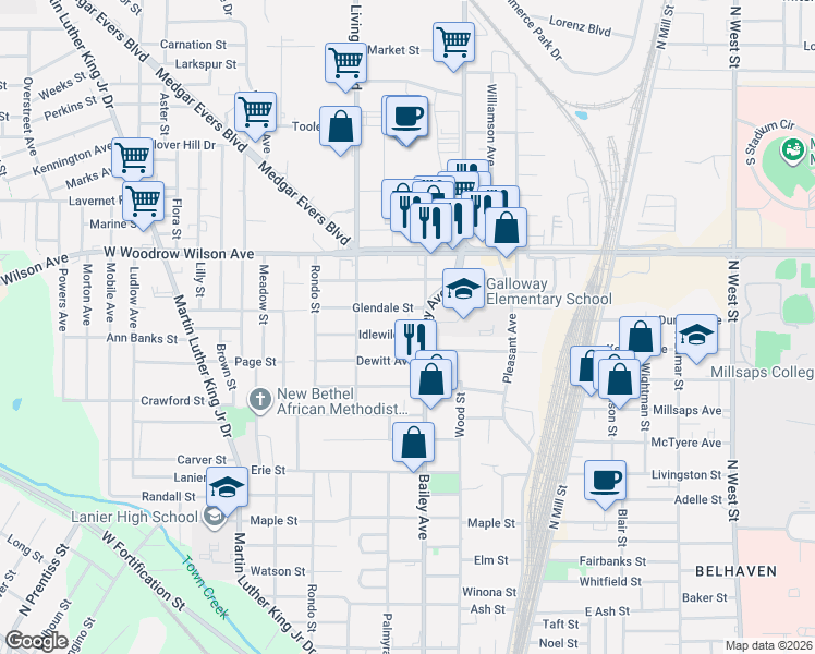 map of restaurants, bars, coffee shops, grocery stores, and more near 324 Glendale Street in Jackson