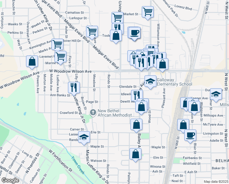 map of restaurants, bars, coffee shops, grocery stores, and more near 428 Glendale Street in Jackson