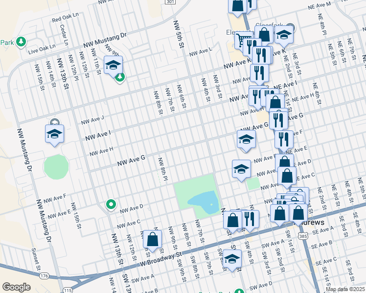 map of restaurants, bars, coffee shops, grocery stores, and more near Northwest Avenue G in Andrews