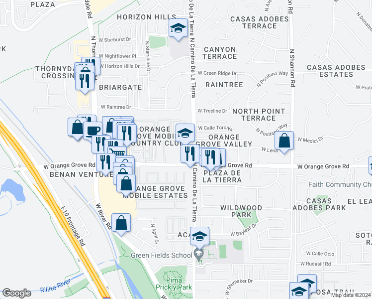 map of restaurants, bars, coffee shops, grocery stores, and more near 3400 West Orange Grove Road in Tucson